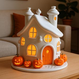 May include: A white Halloween house with orange windows and door, and a row of carved pumpkins. The house has a whimsical design with a chimney and decorative details, perfect for seasonal decor.