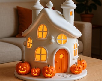 Haunted House Pumpkin Lantern STL, 3D Printable Halloween Tealight Holder, Spooky Candle House Model, Digital Download File
