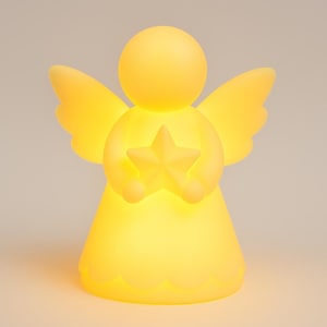 May include: A glowing yellow angel figurine holding a star. The angel has a round head, wings, and a flared skirt with a scalloped edge. The star is also yellow and emits a soft light, creating a warm, inviting glow.