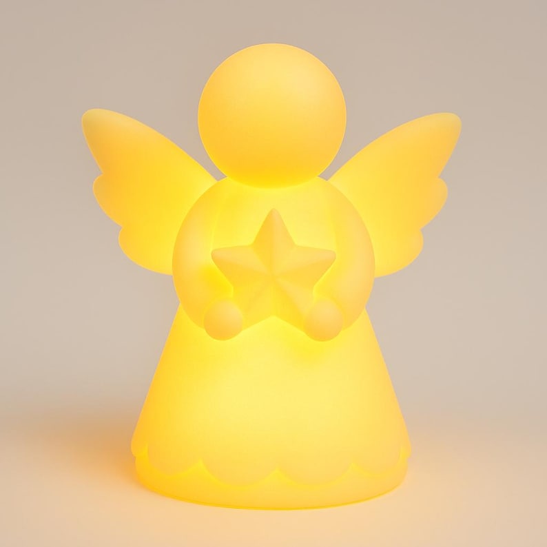 May include: A glowing yellow angel figurine holding a star. The angel has a round head, wings, and a flared skirt with a scalloped edge. The star is also yellow and emits a soft light, creating a warm, inviting glow.