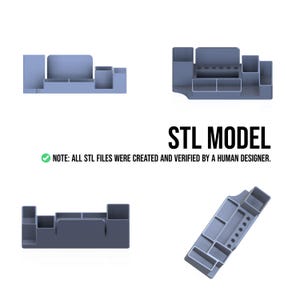 May include: Four views of a gray desk organizer, designed as an STL model. The organizer features multiple compartments and slots for pens and other office supplies. The text "STL MODEL" is displayed, along with a note that the files were created and verified by a human designer.
