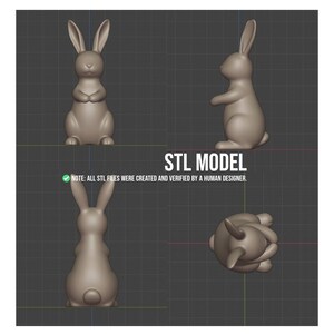 以下が含まれることがあります： 複数の視点から見たウサギの3Dモデル。ウサギは薄茶色で、長い耳をしています。「STL MODEL」というテキストが表示され、ファイルが人間のデザイナーによって作成および検証されたことを示すメモも表示されています。