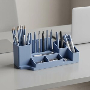 May include: A light blue desk organizer filled with pencils, pens, and markers. The organizer has multiple compartments for stationery and small office supplies, including paper clips and erasers. The organizer is made of plastic.