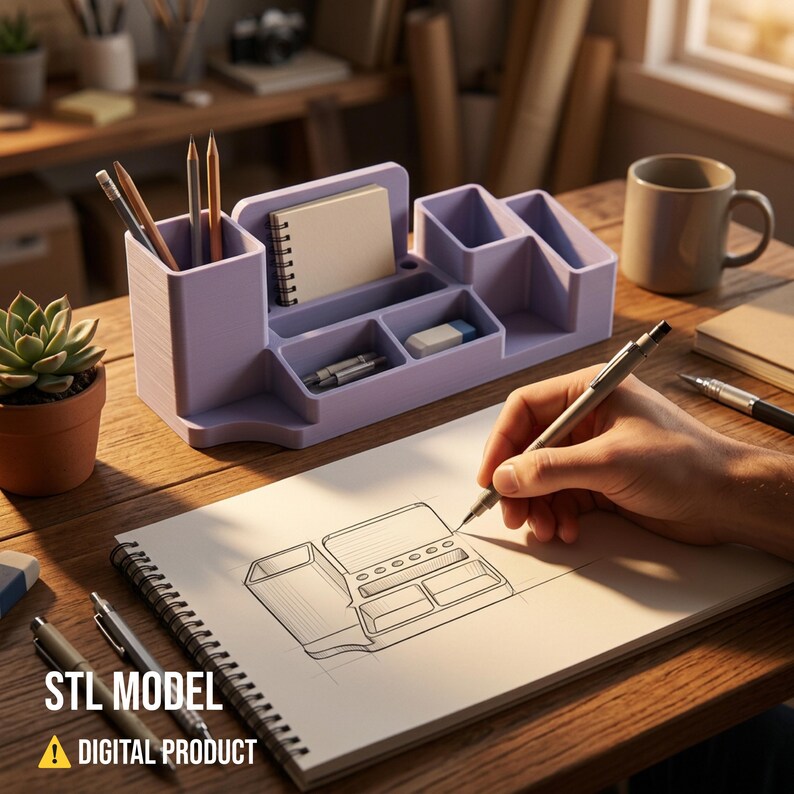 May include: A light purple desk organizer with compartments for pens, a notepad, and other supplies. A hand is sketching a design on a spiral-bound notebook. The text "STL MODEL" and "A DIGITAL PRODUCT" are visible.