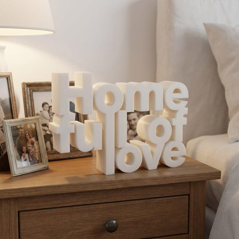 K&ouml;nnte beinhalten: Eine wei&szlig;e 3D-Skulptur mit der Aufschrift "Home full of love" steht auf einem Nachttisch aus Holz. Die Skulptur befindet sich vor gerahmten Familienfotos. Eine wei&szlig;e Lampe und ein Bett mit wei&szlig;er Bettw&auml;sche sind im Hintergrund.