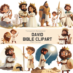 May include: A collection of cartoon illustrations featuring biblical figures, including David, with crowns, swords, and musical instruments. The text "DAVID BIBLE CLIPART" is displayed on a transparent background. The images are in PNG format.