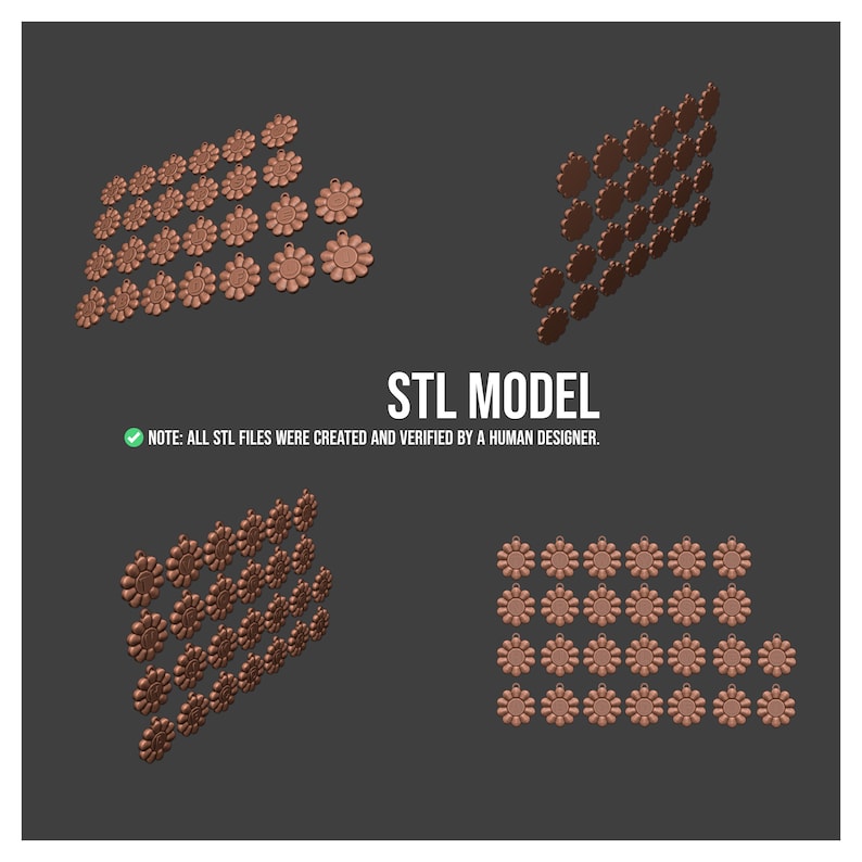 May include: Four views of a brown, flower-shaped STL model. The image includes the text "STL MODEL" and a note stating that the files were created and verified by a human designer. The flowers have a detailed, layered design.