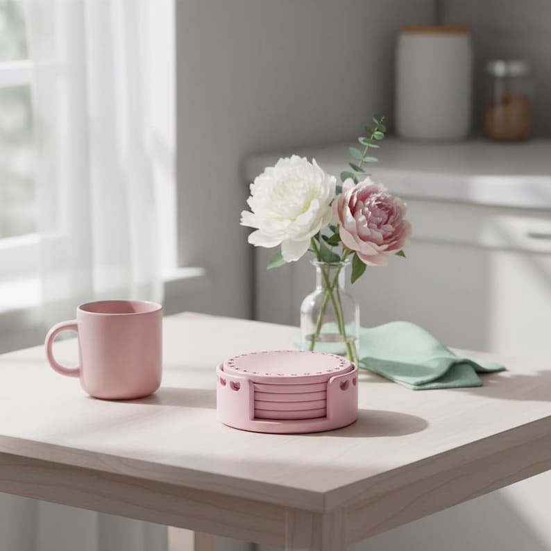May include: A pink ceramic mug and a set of pink coasters with a holder sit on a light-colored wooden table. A small vase with white and pink flowers and a green cloth are also on the table. The scene is set in a bright room.