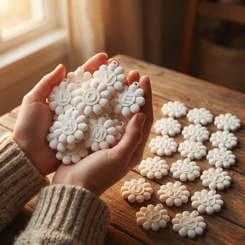 May include: A collection of white daisy-shaped charms with letters spelling "LOVE" and other letters. The charms are held in cupped hands and scattered on a wooden surface. Each charm has a small loop for hanging.