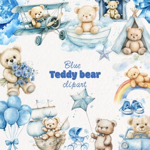 80PNG bleu aquarelle ours en peluche clipart, ours en peluche mignons, décoration bébé garçon, clipart baby shower, lot PNG ours en peluche, clipart anniversaire garçon