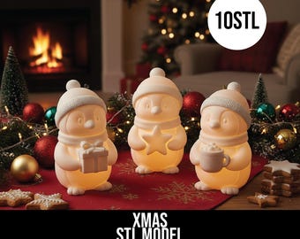 ペンギンティーライトキャンドルホルダー10個STLセット、3Dプリント可能なクリスマスデコレーション、冬用テーブル＆シェルフディスプレイ、デジタルファイルバンドル