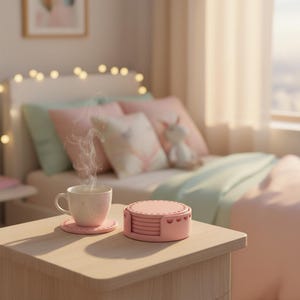 May include: A pink ceramic mug with steam rising from it sits on a matching coaster. A stack of pink coasters is next to the mug. The scene is set on a wooden nightstand with a bed in the background, creating a cozy, inviting atmosphere.