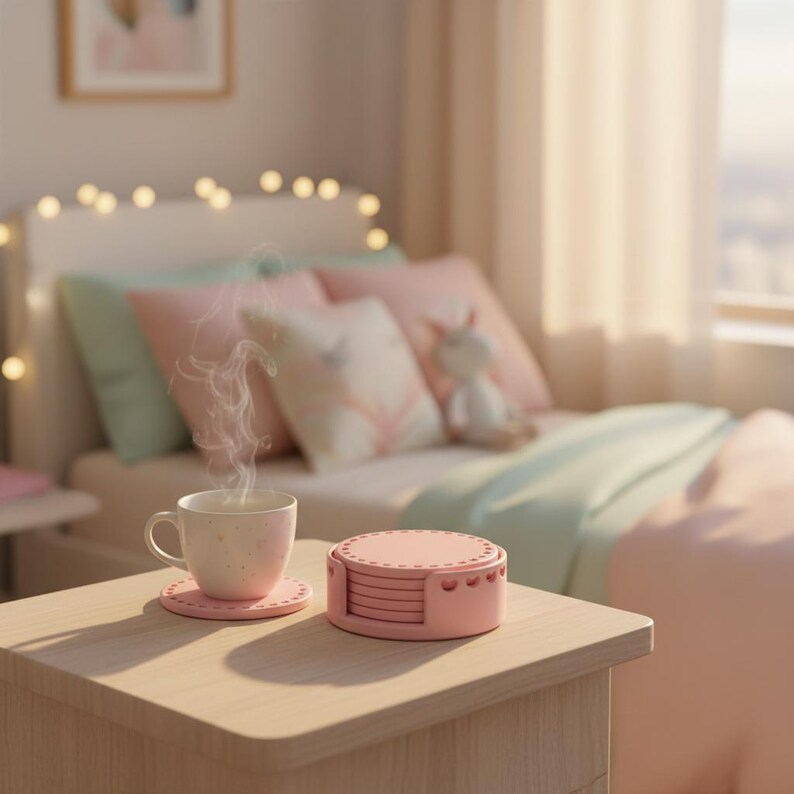 May include: A pink ceramic mug with steam rising from it sits on a matching coaster. A stack of pink coasters is next to the mug. The scene is set on a wooden nightstand with a bed in the background, creating a cozy, inviting atmosphere.