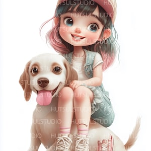 10 PNG Quirky Girl and Puppy Clipart, Cute Dog Lover Art, Adorable Baby Girl Illustration, Printable Watercolor for Papercraft & Journaling