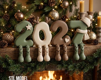 May include: A set of four decorative numbers forming 2027, featuring a green two with a star, a beige zero with antlers, a brown two with a heart, and a green seven wearing a hat and scarf, all with dangling legs, labeled as an STL digital product.