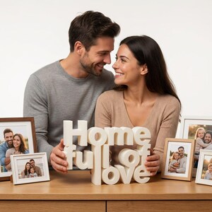K&ouml;nnte beinhalten: Ein l&auml;chelndes Paar h&auml;lt eine wei&szlig;e Skulptur mit der Aufschrift "Home full of love". Mehrere gerahmte Familienfotos stehen auf einer Holzoberfl&auml;che. Die Rahmen sind in verschiedenen Farben gehalten, darunter Wei&szlig; und Braun.