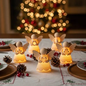 May include: Five illuminated angel figurines with wooden wings and bodies, each holding a different holiday symbol: a star, a heart, and a gingerbread man. The angels are arranged on a table with pinecones and red berries, with a blurred Christmas tree in the background.