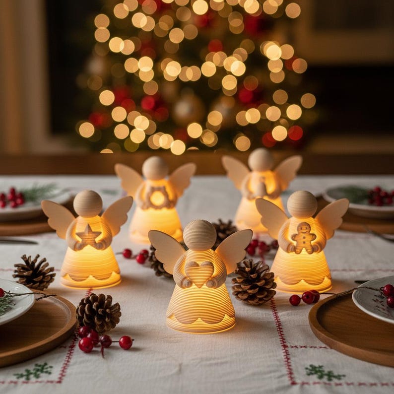 May include: Five illuminated angel figurines with wooden wings and bodies, each holding a different holiday symbol: a star, a heart, and a gingerbread man. The angels are arranged on a table with pinecones and red berries, with a blurred Christmas tree in the background.