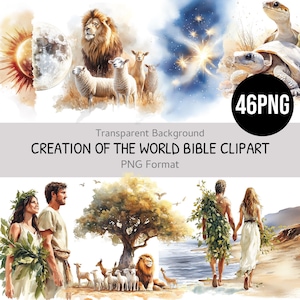Könnte beinhalten: Aquarellillustration mit biblischen Szenen. Dargestellt sind ein Löwe, Schafe, Hirsche und ein Paar, mit dem Text "CREATION OF THE WORLD BIBLE CLIPART" und "46PNG". Das Kunstwerk hat einen transparenten Hintergrund.
