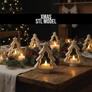 May include: A festive holiday table setting featuring white ceramic Christmas tree candle holders with lit tea lights. The table is decorated with pine needles, red berries, and pine cones, creating a warm and inviting atmosphere. Text on the image reads "XMAS STL MODEL".