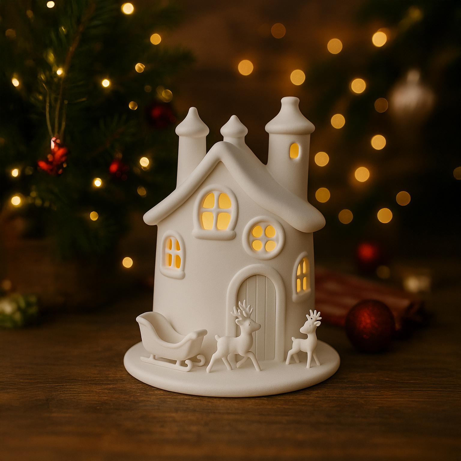 Reindeer Village クリスマス ミニチュアハウス ライトホルダー Christmas House With Reindeer Sleigh STL File, 3D Printable