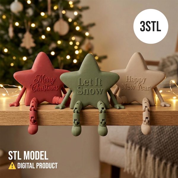 3Pcs Flexi Star Shelf Sitter STL Pack, Articulated Christmas Star 3D Print File, Xmas Desk Decor Figurine Bundle, Digital Download STL
