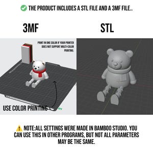 May include: A 3D rendering of a teddy bear with a scarf, presented in two formats: 3MF and STL. The image includes text that says "THE PRODUCT INCLUDES A STL FILE AND A 3MF FILE." and "USE COLOR PRINTING".