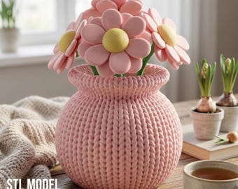 Gebreide textuurvaas met bloemen voor 3D-printen, STL digitaal bestand, Moederdagcadeau, decor voor oma, schattig bloemenornament, DIY-model