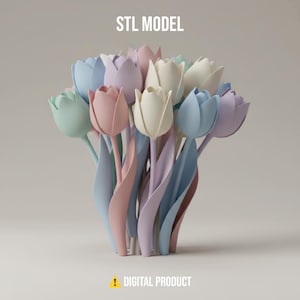 Puede incluir: Un ramo de tulipanes de colores pastel. Los tulipanes son en tonos azul claro, rosa, morado, verde y blanco. El texto "STL MODEL" está en la parte superior y "DIGITAL PRODUCT" en la inferior.