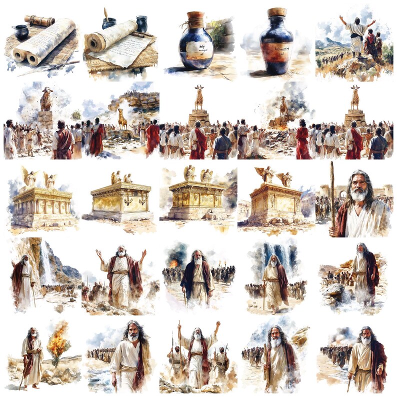 Paquete de imágenes prediseñadas bíblicas de Moisés, más de 130 imágenes PNG de arte digital cristiano para la escuela dominical, el estudio bíblico, imprimibles para la iglesia y manualidades religiosas. imagen 7