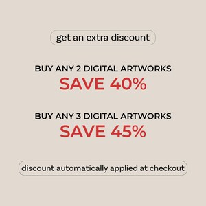 The image is a promotional graphic for a discount offer on digital artworks. It features a large red text block stating "BUY ANY 2 DIGITAL ARTWORKS SAVE 40%", and a smaller red text block stating "BUY ANY 3 DIGITAL ARTWORKS SAVE 45%". The text also indicates that the discount is automatically applied at the checkout.