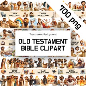 Puede incluir: Una colección de imágenes prediseñadas coloridas del Antiguo Testamento de la Biblia, que incluyen el Arca de Noé, Moisés y otras figuras bíblicas. Las imágenes están en formato PNG y tienen un fondo transparente. Se muestra el texto "OLD TESTAMENT BIBLE CLIPART".