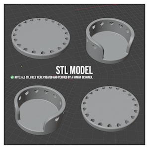 May include: Four gray 3D-printed models. Two are circular with heart-shaped cutouts around the edges. The other two are cylindrical with a curved cutout and heart-shaped cutouts. Text: STL MODEL. Note: All STL files were created and verified by a human designer.