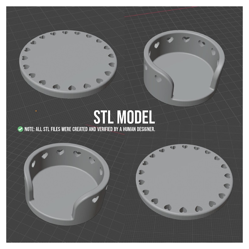May include: Four gray 3D-printed models. Two are circular with heart-shaped cutouts around the edges. The other two are cylindrical with a curved cutout and heart-shaped cutouts. Text: STL MODEL. Note: All STL files were created and verified by a human designer.