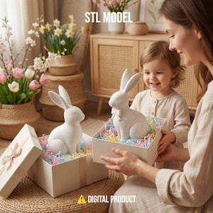 Easter Bunny Figurines STL, Set of 2 Rabbit Statues for 3D Printing, Minimalist & Floral Spring Decor, Modern Animal Sculpture STL File