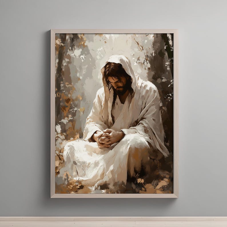 Garden of Gethsemane, Jesus in Prayer, Christian Wall Art, Bible Story Poster, Spiritual Artwork, Inspirational Home Decor Housewarming Gift image 1