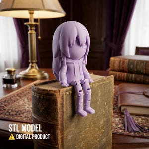 May include: A lavender-colored figurine of a person with long hair and a hoodie, sitting on a vintage book. The figurine has articulated legs. The image includes the text "STL MODEL" and "A DIGITAL PRODUCT".