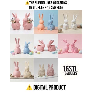 Big Easter Rabbit STL Set, 16 3D Models for Printing, Bunny Ear Treat Box, Floral Easter Vase, Decorative Rabbit Statues, Digital Files