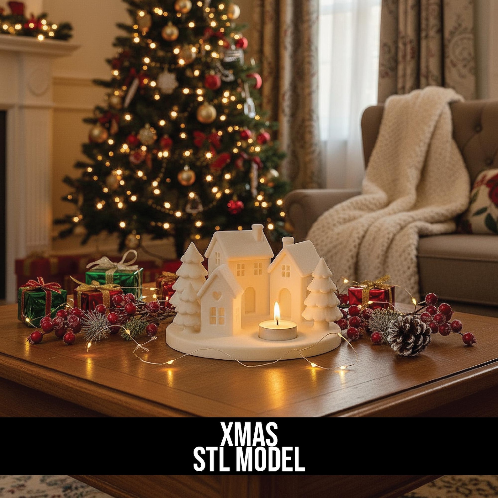 Christmas Village Candle Holder STL, 3D Printable Holiday Decor for