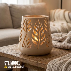 May include: A beige, cylindrical candle holder with leaf-shaped cutouts. The candle holder sits on a wooden table, with a lit candle inside, casting a warm glow. The text "STL MODEL A DIGITAL PRODUCT" is visible at the bottom.