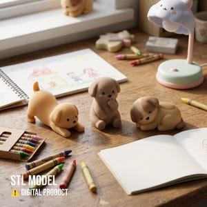 May include: Three small puppy figurines in different poses, including one stretching, one sitting, and one sleeping. The scene includes scattered crayons, an open sketchbook with a drawing, and a cloud-shaped lamp. Text reads STL MODEL DIGITAL PRODUCT.