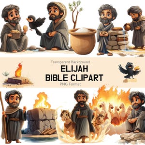 May include: A set of Elijah Bible clipart illustrations. The images show Elijah in different scenarios, such as with a raven, a large pot, and a burning altar. The text "ELIJAH BIBLE CLIPART" is visible in the center of the image.