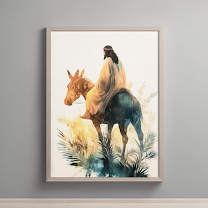Jesus Riding a Donkey with Palm Branches, Christian Digital Wall Art, Holy Week Printable, Faith-Inspired Decor