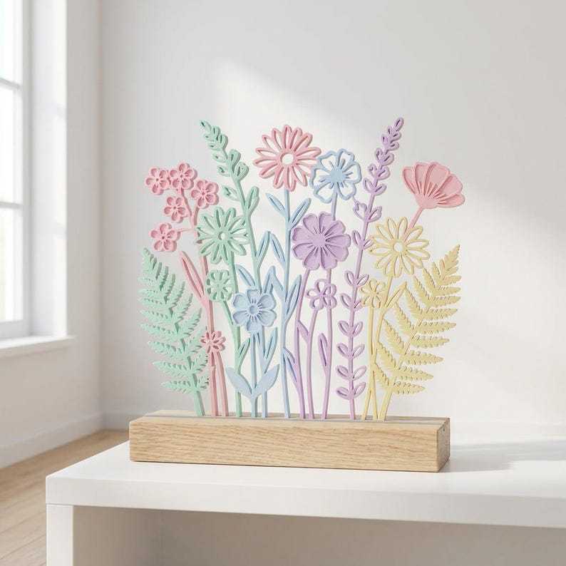 Op de afbeelding: Een pastelkleurige bloemensculptuur met verschillende bloem- en bladontwerpen. De bloemen zijn in roze, blauw, paars en geel, gemonteerd op een rechthoekige houten basis. Een decoratief item.