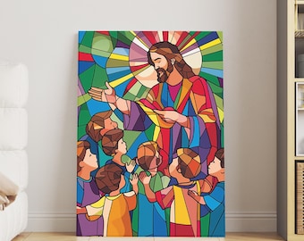 Jesus With Children Stained Glass Style Poster, Christian Wall Art for Nursery, Sunday School, Bible Room Decor, Religious Print Gift