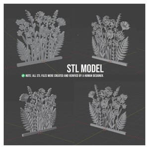 Op de afbeelding: Vier grijze STL-modellen van bloemstukken, elk met verschillende bloemen en varens. De tekst "STL MODEL" wordt weergegeven, samen met een opmerking die de verificatie van het menselijk ontwerp bevestigt.