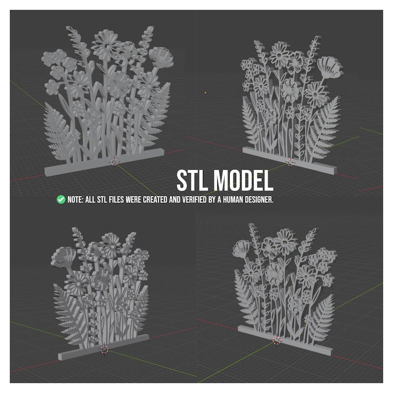 Op de afbeelding: Vier grijze STL-modellen van bloemstukken, elk met verschillende bloemen en varens. De tekst "STL MODEL" wordt weergegeven, samen met een opmerking die de verificatie van het menselijk ontwerp bevestigt.