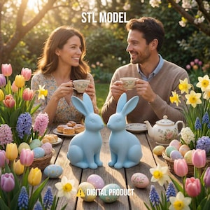 Op de afbeelding: Twee lichtblauwe konijnenbeeldjes staan op een houten tafel, omringd door paaseieren, bloemen en een theepot. De tekst "STL MODEL" en "DIGITAL PRODUCT" is zichtbaar. Een stel geniet op de achtergrond van thee.
