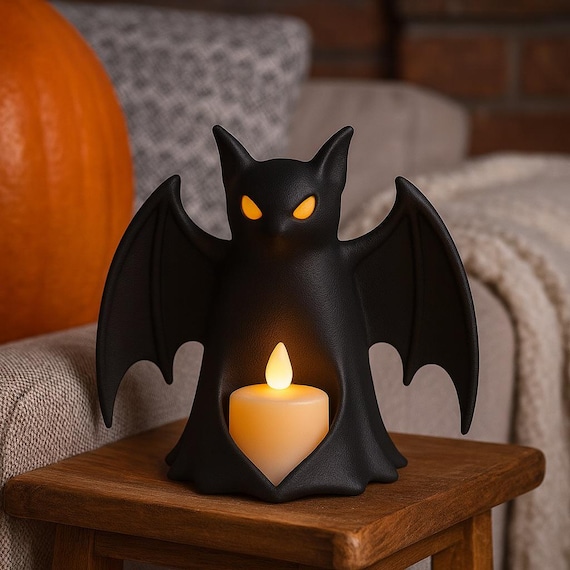 Spooky Bat STL, LED Tealight Holder, 3D Printable Halloween Table or Shelf Decoration, Seasonal Decor