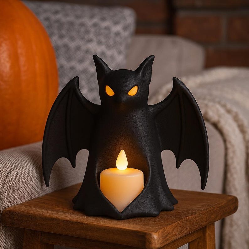 Spooky Bat STL, LED Tealight Holder, 3D Printable Halloween Table or Shelf Decoration, Seasonal Decor image 1